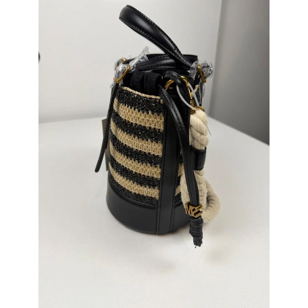 Steve Madden B-Rope Woven Straw Bucket Bag Striped Black Tan Nautical Rope Strap